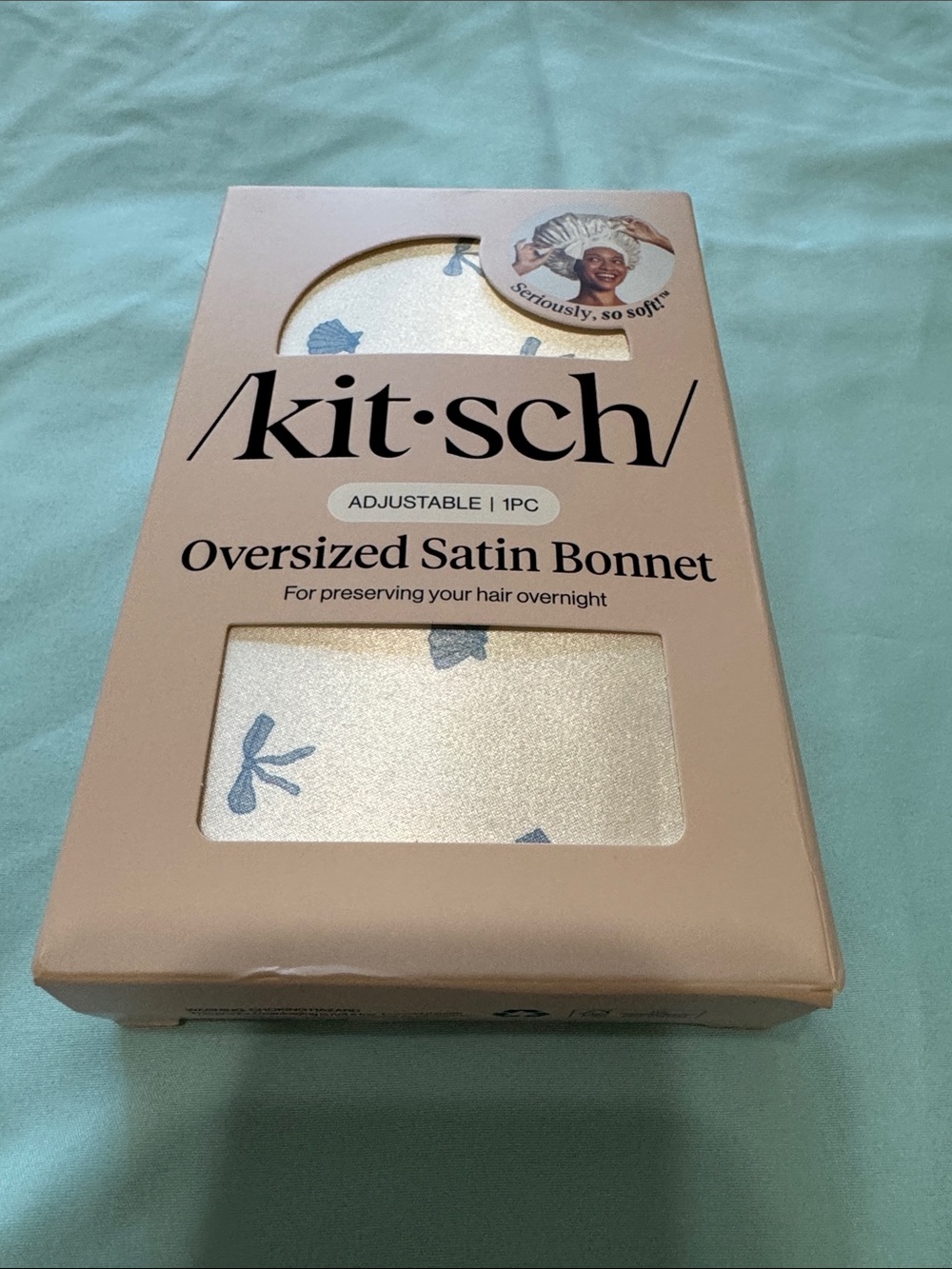 Kitsch Satin Bonnet in Ivory with Blue Bow Print